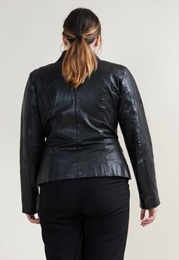 Vintage Minimal Fitted Button Up Black Leather Women Jacket