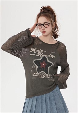 Knitted t-shirt long sleeve mesh tee transparent top in grey