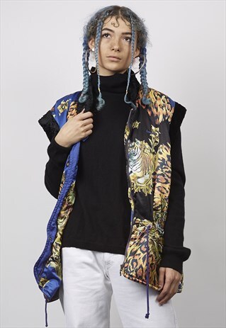 VINTAGE 80'S SCARF PRINT FAUX FUR EDGED GILET