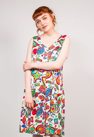 90'S VINTAGE WAVEY BRIGHT PATTERN FESTIVAL MIDI DRESS