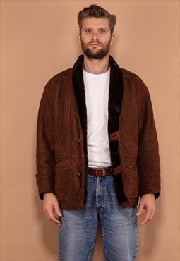 Vintage 80's Men Shearling Suede Coat in Brown