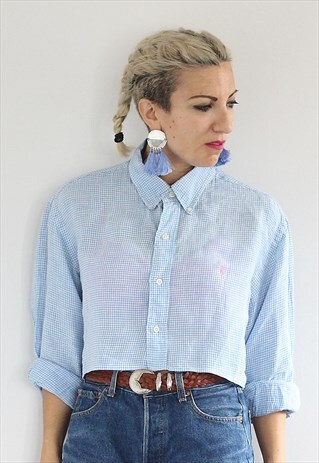 VINTAGE 1990S RALPH LAUREN BLUE GINGHAM CROPPED SHIRT