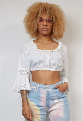 VINTAGE 70'S WHITE FLARE SLEEVE CROP TOP