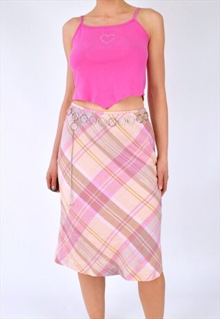 VINTAGE Y2K 90S PINK CHECK HIGH WAISTED MIDI SKIRT SMALL