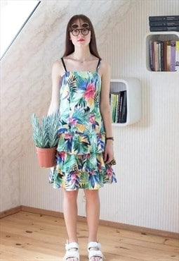 Colourful tropical print summer dress with frills