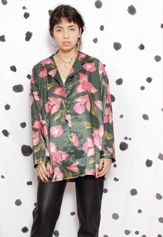 90S GRUNGE BOHO GREEN KHAKI SATIN PINK FLORAL KIMONO SHIRT