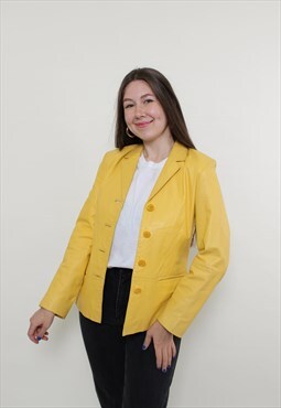 Vintage 80s leather jacket, yellow blazer jacket, casual 