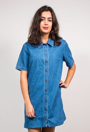 90'S VINTAGE BLUE BUTTON FRONT DENIM DRESS
