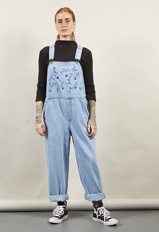 VINTAGE 90'S NAVY FLORAL EMBROIDERY DUNGAREES