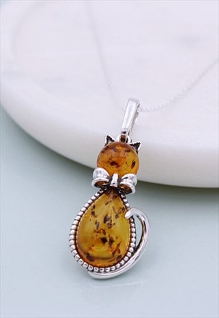 STERLING SILVER CAT NECKLACE SET WITH AMBER