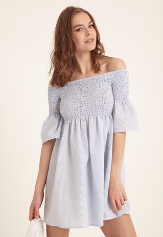 SHIRRED OFF-SHOULDER DRESS