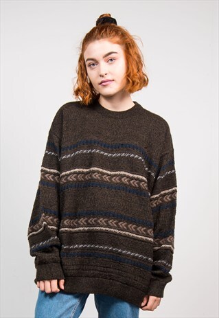 VINTAGE 90'S BROWN STRIPE PATTERNED GRANDAD KNIT JUMPER