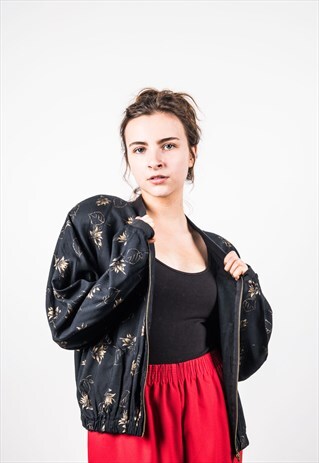 VINTAGE 1980S FESTIVAL BLACK PATTERNED BOMBER JACKET