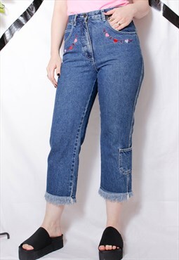 90s grunge y2k cute babe embroidery heart blue crop jeans 