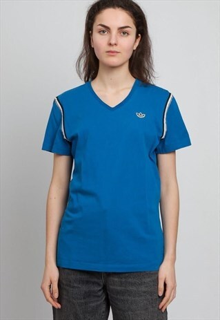 90S VINTAGE BLUE ADIDAS LOGO V-NECK T-SHIRT