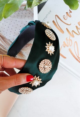 EMERALD GREEN SATIN PLAITED DIAMANTE PEARL ALICE HEAD BAND