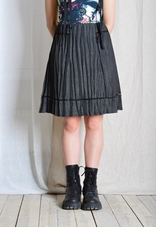 Y2K Dark Grey Grunge Crinkled Pleated Womens Midi Skirt