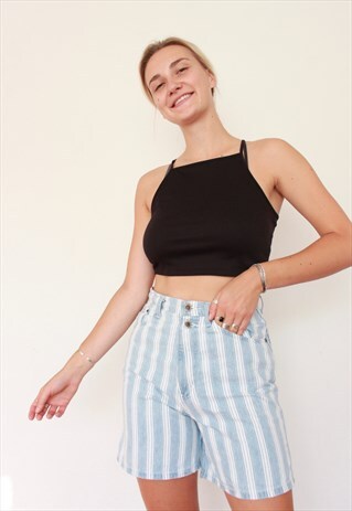 VINTAGE 90S BLUE STRIPED HIGH WAISTED MOM DENIM SHORTS