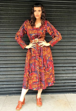 VINTAGE AZTEC PRINT MIDI DRESS WITH POCKETS