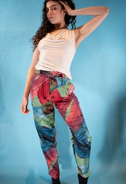 Vintage 1980s Size S Abstracted Printed Silk Trousers.