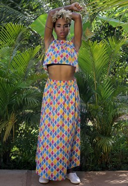 Carolyn Blue Jenga Print Cotton Maxi Skirt with Wide Elastic
