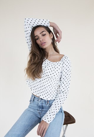 MARIA RUCHED BLOUSE - WHITE SPOT PRINT