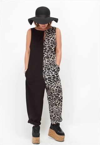 JUMPSUIT IN HALF BLACK & WHITE ANIMAL PRINT & HALF BLACK