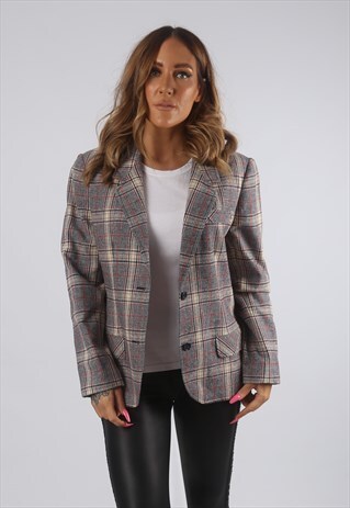 VINTAGE FITTED BLAZER JACKET TARTAN WOOL MIX UK 12 M (H4B)