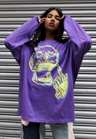 LOOSE FIT OVERSIZE DISTORTED SKULL HALLOWEEN SWEATSHIRT