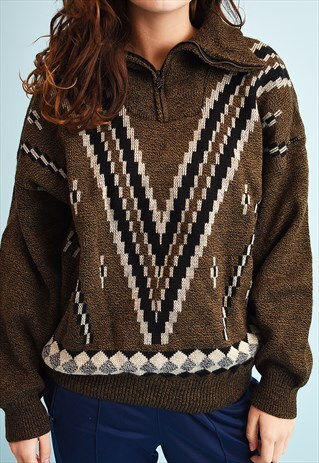 90'S RETRO ABSTRACT PATTERN SLOUCHY JAZZY KNIT JUMPER