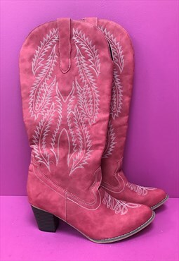 Cowboy Boots Red Western Embroidered Knee High