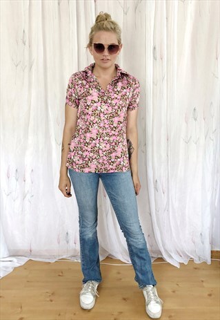 PINK AND BROWN FLORAL SHORT SLEEVE T-SHIRT