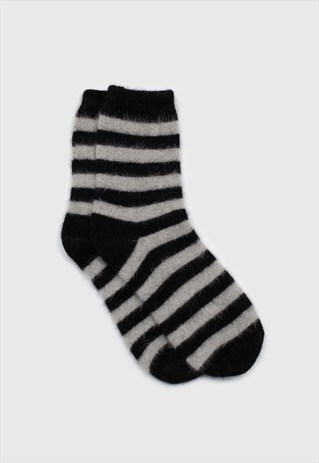 BLACK AND GREY STRIPED ANGORA SOCKS