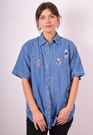 WOMENS VINTAGE DENIM SHIRT SMALL BLUE 90S