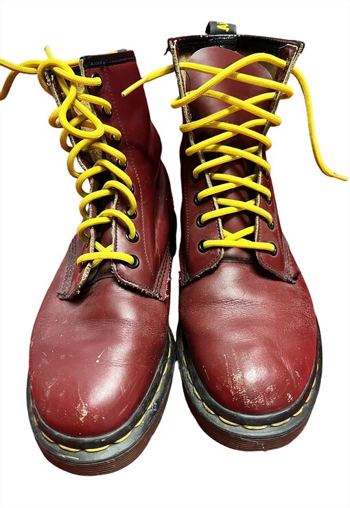 cherry red doc martens yellow laces