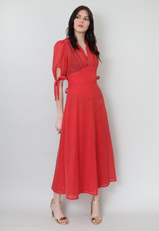 70's Vintage Red Polka Dot Print Short Sleeve Midi Dress