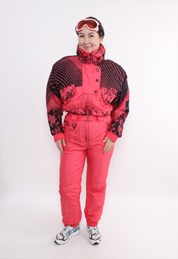 80s pinky one pice ski suit with floral print, vintage 