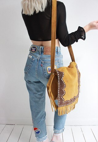 VINTAGE 90S TAN SUEDE TASSEL FRINGED SATCHEL BAG