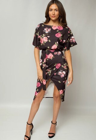 BLACK ARABELLA FLORAL JUDITH WRAP FRONT BATWING DRESS