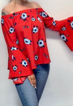Red Floral Bell Sleeve Bardot Top