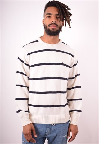 TOMMY HILFIGER MENS VINTAGE JUMPER SWEATER MEDIUM WHITE 90S