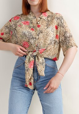 Vintage 90s Semi Sheer Button Up Rose&Leo Print Blouse XL