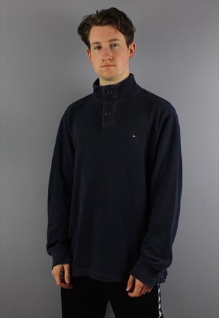 VINTAGE TOMMY HILFIGER BUTTON UP SWEATSHIRT IN NAVY WITH EMB