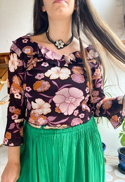 Vintage 90's Floral Ruffle Stretchy Top - S