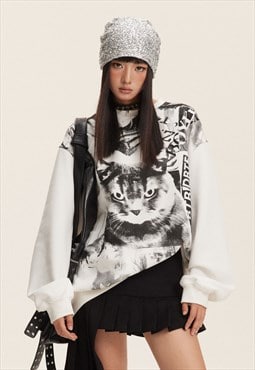 Cat print sweatshirt graffiti jumper grunge animal print top