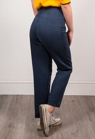 VINTAGE 90'S NAVY BLUE SMART SLIM HIGH WAIST TROUSERS