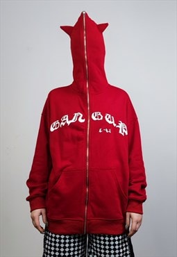 Devil horn hoodie red full zip on pullover patchwork top