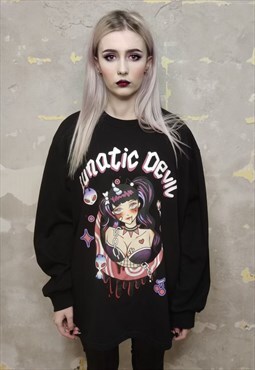 Anime print sweatshirt devil slogan Gothic thin top black
