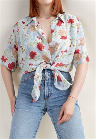 VINTAGE 90S GRUNGE FLORAL SHORT SLEEVE SEMI SHEER BLOUSE