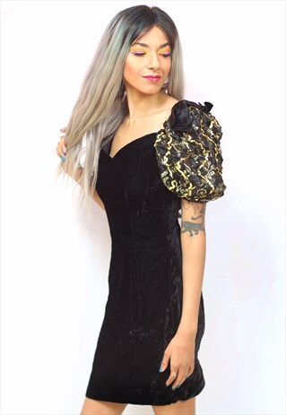 1980S VINTAGE JET BLACK VELVETEEN AND GOLD SEQUIN MINI DRESS